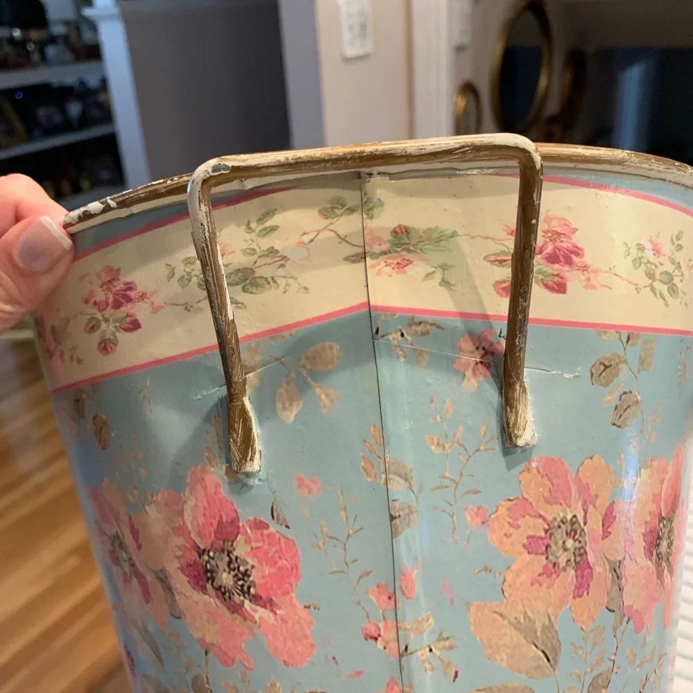 Vintage Metal Toleware Bucket with Handle Floral Pattern with gold Round